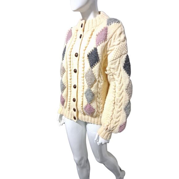 Vtg Standun Womens L Hand Knit Chunky Wool Ireland Fisherman Grandpa Sweater - Picture 4 of 12